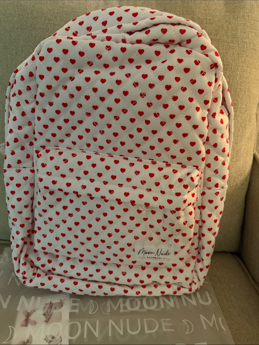 Moon Nude Quilted Heart Backpack - White with Red Hearts